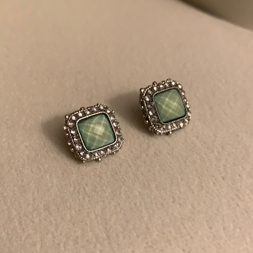 Silver / aqua square rhinestone stud earrings
